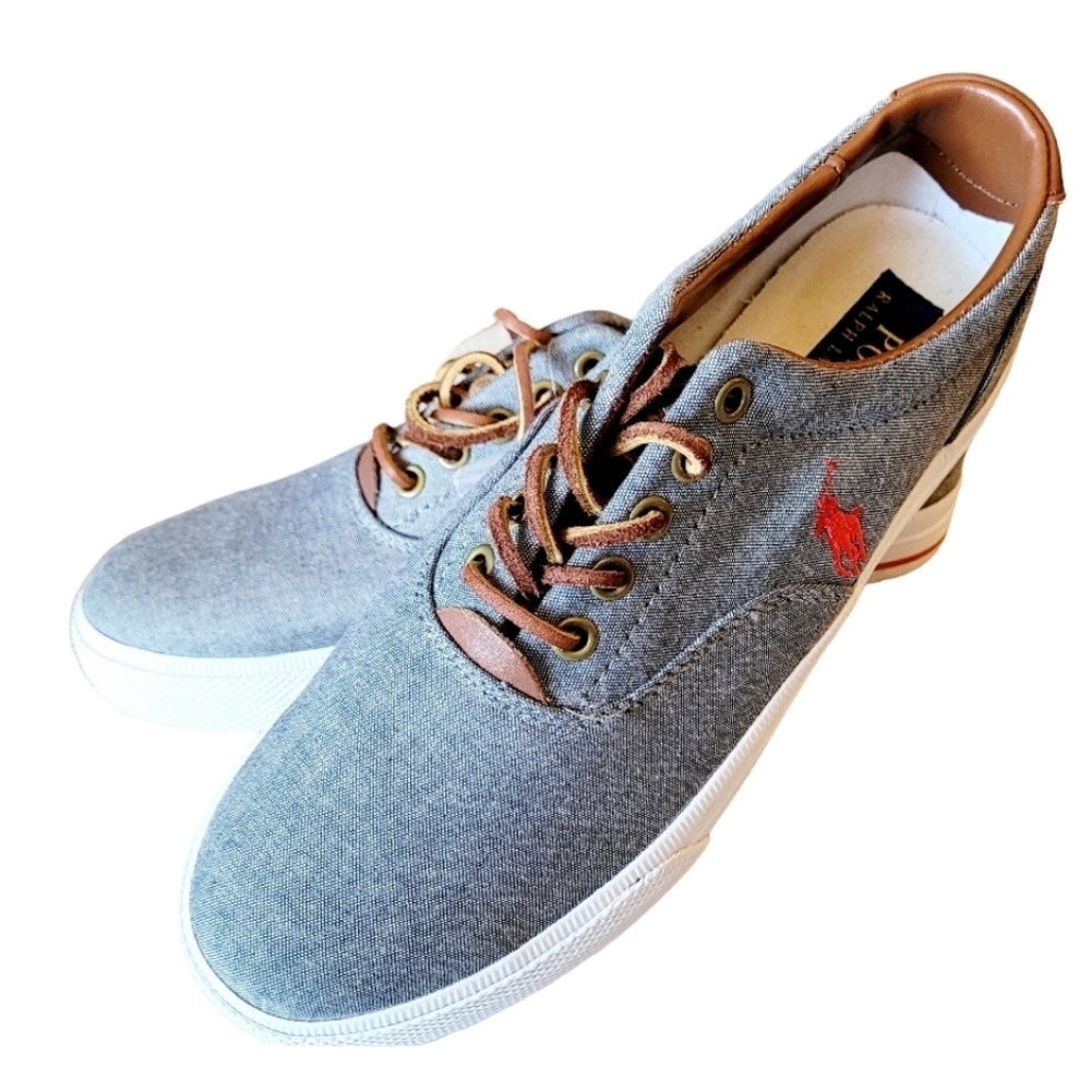 Polo by Ralph Lauren Lace up Sneakers Chambray/Leather New without Tags Size 7.5